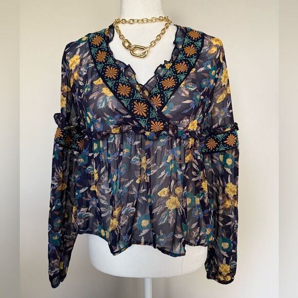 Meadow Rue Strasser Embroidered Peasant Blouse Small Blue Anthropologie XXS - Picture 4 of 13